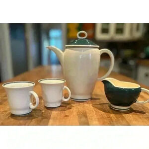 1930’s Vintage Susie Cooper Coffee/Tea Pot, Creamer  and Cups in Cream and Green